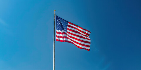 Enduring Strength of the Eagle: American flag a clear blue sky.