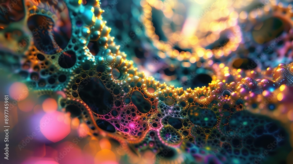 Poster abstract 3d fractal patterns with vibrant colors and light effects, symbolizing computational design