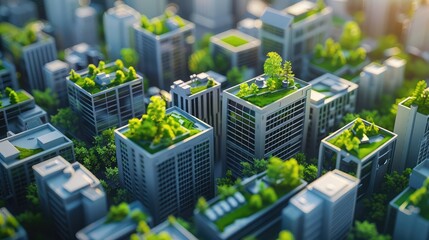 Abstract 3D model of a city with green rooftops, highlighting urban environmental initiatives.