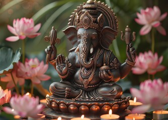 Fototapeta premium Tranquil Ganesha Meditation: Sacred deity immersed in deep contemplation amidst lotus flowers and glowing candles.