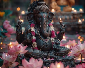 Fototapeta premium Tranquil Ganesha Meditation: Peaceful deity surrounded by lotus flowers and candles