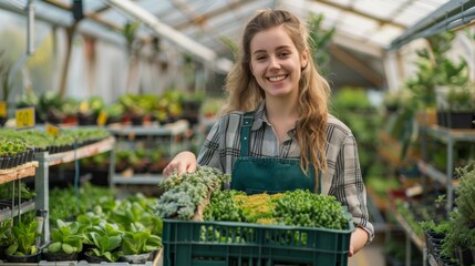 Obraz premium Beautiful young farmer girl smiling at the camera while holding a basket with plants and vegetables