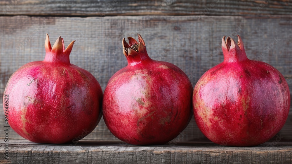 Poster three whole, ripe pomegranates sit in a row on a rustic wooden surface. the pomegranates are red wit