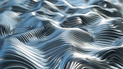 Abstract 3D waves with a metallic sheen, creating a sense of fluidity and movement.