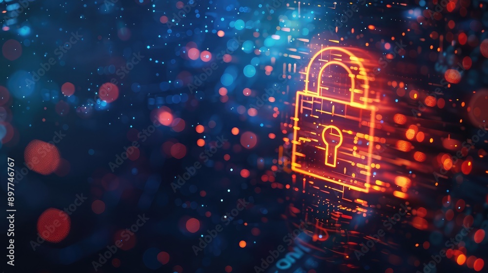 Poster abstract digital background with a padlock icon, symbolizing secure network technology and data prot