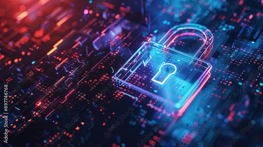 Poster abstract digital background with a padlock icon, symbolizing secure network technology and data prot