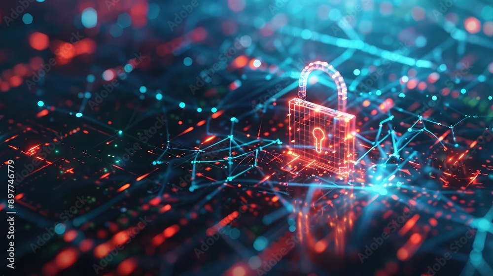Poster abstract digital background with a padlock icon, symbolizing secure network technology and data prot