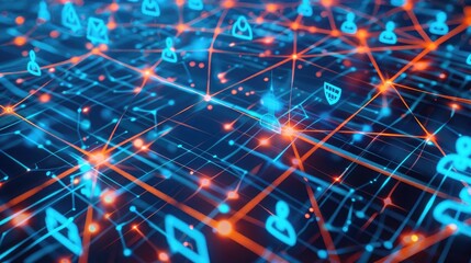 Abstract grid with network security symbols, highlighting data protection in a digital world.