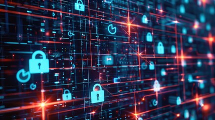 Abstract grid with network security symbols, highlighting data protection in a digital world.