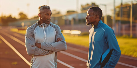 Two african men standing on a running track with arms crossed, talking about their next run.