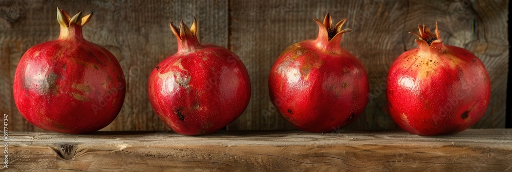 Fototapete four ripe pomegranates with visible seeds sit in a row on a rustic wooden surface.