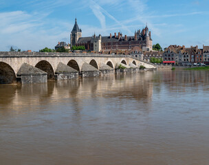 View.on old part of town of Gien on the Loire river, in Loiret department, France, houses with tiled roofs and chimneys, castle and bridge
