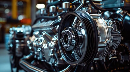 Fototapeta premium A powerful car engine with visible components, highlighting automotive engineering prowess.