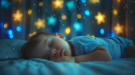 beautiful baby sleeping in his bed with golden stars for night decoration