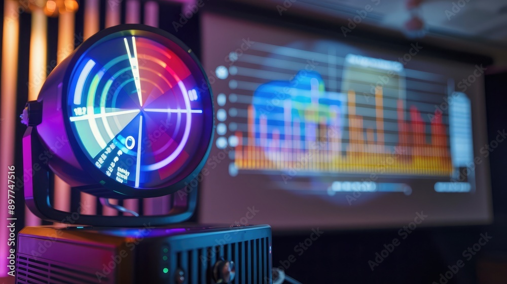 Poster a projector displaying financial graphs during a business presentation, emphasizing visual tools in 