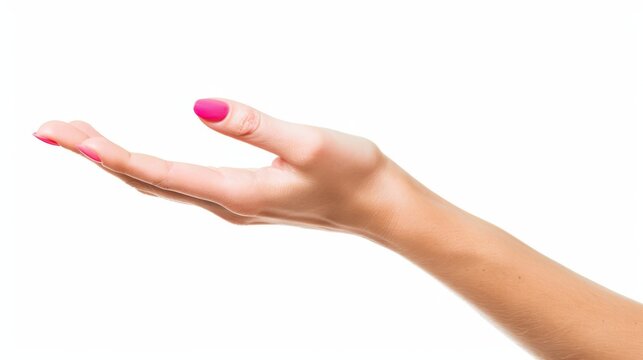 Outstretched hand with pink nail polish on a white background.