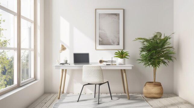 A minimalist study room with clean white desk, simple chair, laptop