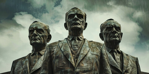 Obraz premium Pillars of Representation: Three statues of serious-looking men in suits, standing tall against a cloudy sky.