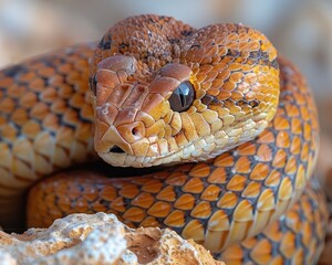 Venomous Inland Taipan Snake Coiled on Rocky Outcrop in Australian Outback - Detailed Close-up of Brownish-Tan Scales