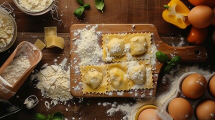 Homemade pasta preparation on a wooden board with fresh ingredients. This image shows ravioli dough ready to cook. It depicts rustic kitchen vibes with a focus on traditional Italian cuisine. AI