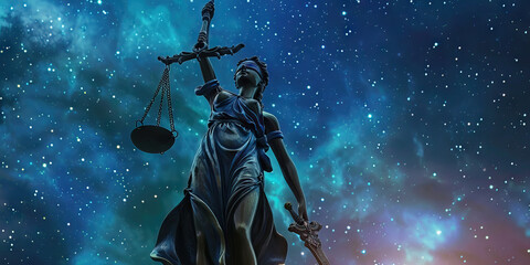 Balanced Scales of Justice: A statue of Lady Justice, holding a sword and scales, standing tall against a starry sky.
