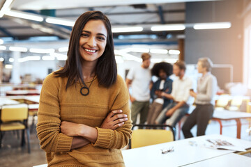 Smile, confidence and portrait of happy woman at creative agency for consulting service, business...