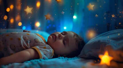 beautiful baby sleeping in his bed with golden stars for night decoration