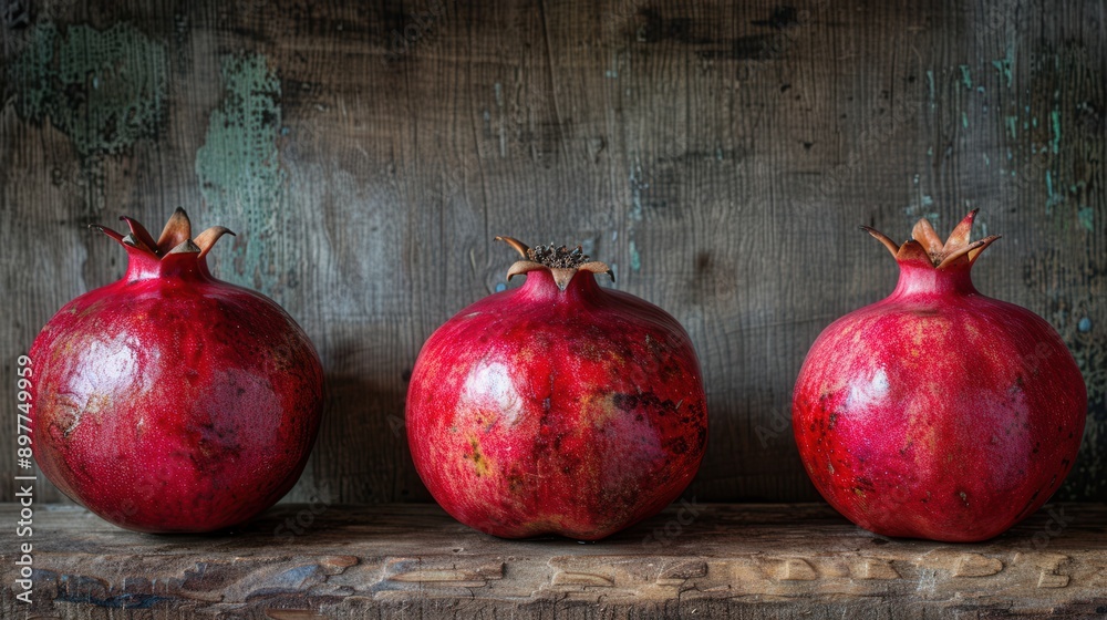 Aufkleber three ripe pomegranates with seeds are arranged in a row on a rustic wooden surface.
