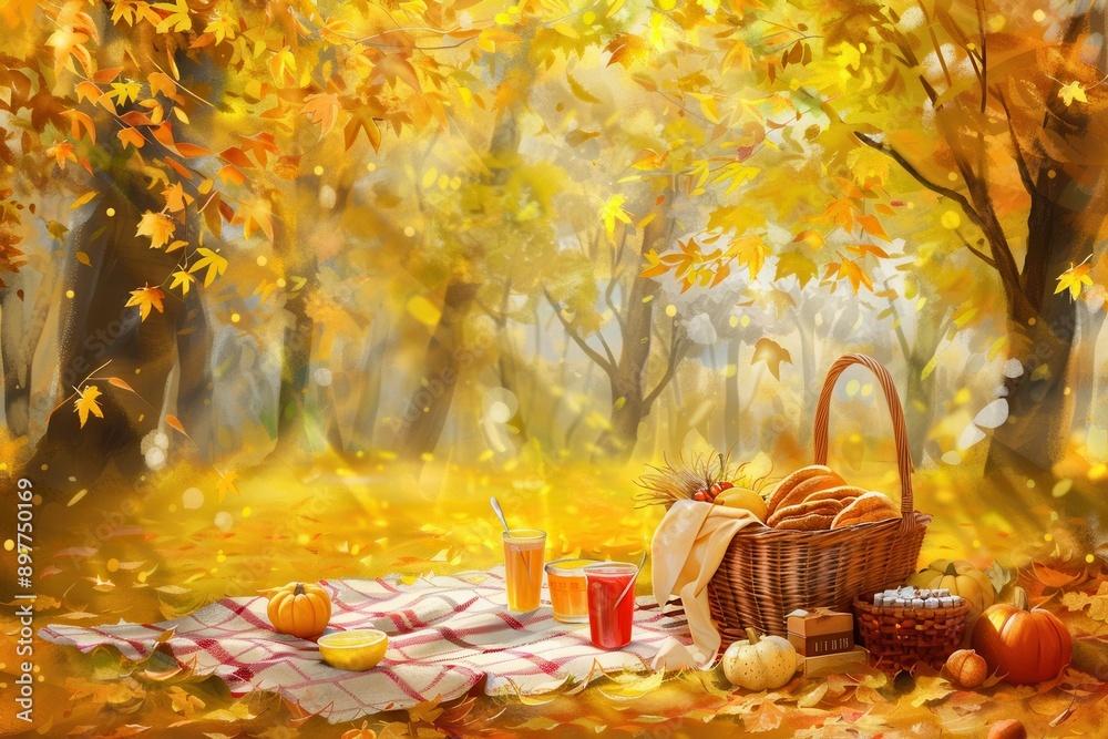Poster a checkered blanket laid out in a forest, surrounded by yellow leaves, with a wicker basket overflow