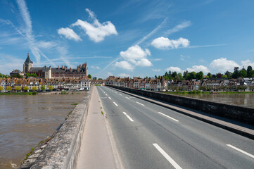 View.on old part of town of Gien on the Loire river, in Loiret department, France, houses with...