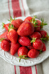 Plate with french organic red ripe sweet strawberries Fraises de Plougastel, harvested in France
