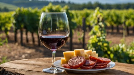 Naklejka premium Glass of wine, plate with cheese and salami on wooden table, vineyard in the background.