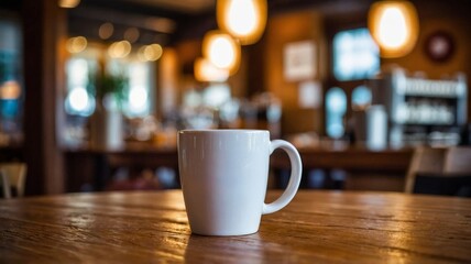 Coffee mug on wooden counter, coffee shop in background.