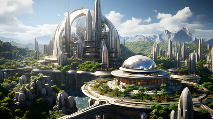 A futuristic city nestled within a mountain range. The city is made up of sleek, white buildings with large windows and a dome structure in the center.
