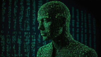 Obraz premium Human silhouette composed of green binary code, dark background.