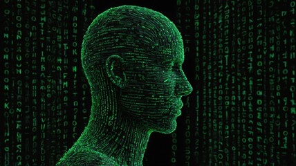 Obraz premium Human silhouette composed of green binary code, dark background.