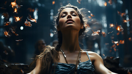 Fototapeta premium A woman with her eyes closed, wearing a blue dress and gold necklace, stands in the center of the image. She is surrounded by a magical light and falling feathers.