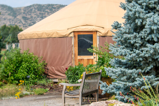 Yurt Nestled by Trees with Wooden Bench in Foreground