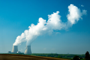 View on cooling towers of nuclear power plant thermal power station in which heat source is nuclear...