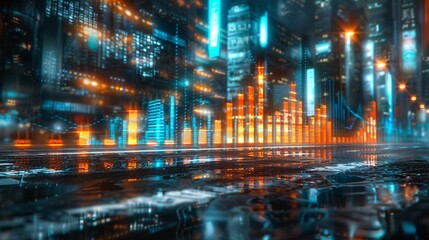 Financial chart graph, night city background.