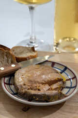 Foie gras fat liver specialty food product made of liver of a duck or goose fattened by force feeding, served in French restaurant in Perigoed, Dordogne, close up