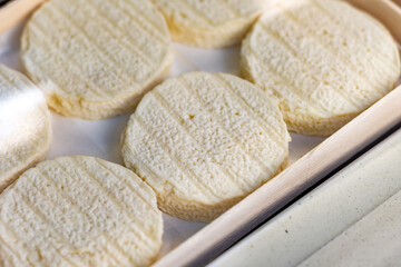 Rocamadour soft goat AOC cheese with soft rind produced on farm in Perigord and Quercy takes its name from village of Rocamadour in departement Lot, France