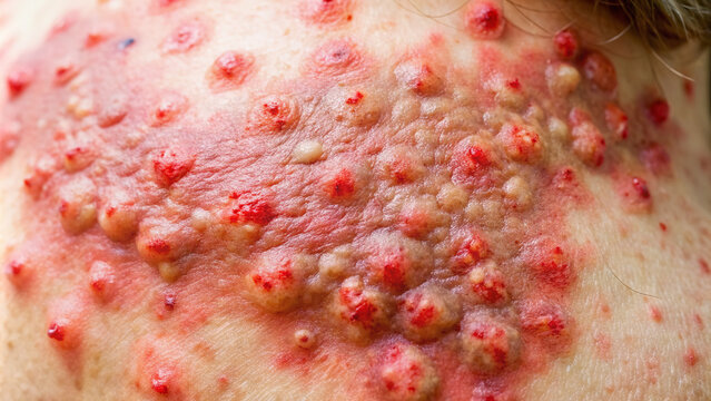 A close-up of shingles rash on skin, characterized by painful blisters and red inflamed patches, illustrating the viral disease's physical manifestation.
