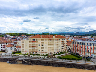 Aerial view on Ciboure and Saint Jean de Luz bay, port, sandy beach on Basque coast, beautiful architecture, nature and cuisine, South of France, Basque Country