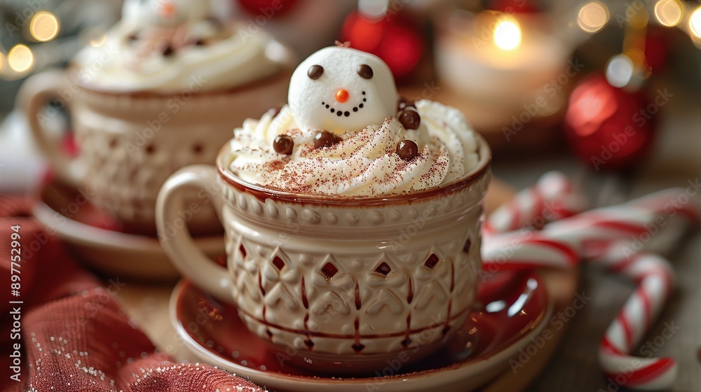 Wall mural hot chocolate with whipped cream and snowman marshmallow