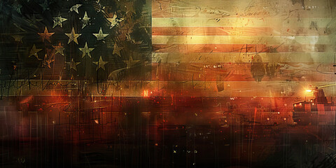 Fototapeta premium Faded Star: A worn-out American flag, flickering streetlights, and a distant siren.