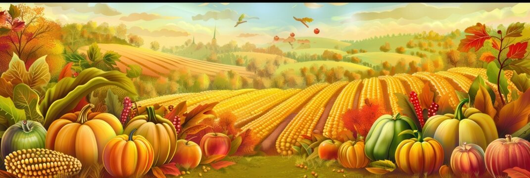 A bountiful harvest of corn, pumpkins, and apples sits in a field, with rolling hills and a small town in the distance.