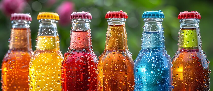 Close-up of carbonated drink bottles.