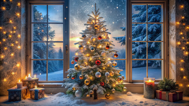 Cozy festive scene featuring a beautifully decorated Christmas tree illuminated by soft lights reflected in a frosty window with snowflakes gently falling outside. - Powered by Adobe