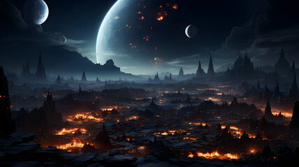 A desolate, volcanic landscape under a night sky with a crescent moon and a large, fiery planet. The scene is dark and foreboding, with a sense of alien mystery.